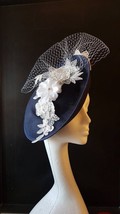 NAVY BLUE Hat FASCINATOR Wedding Mother of bride,Kentucky Derby,Royal As... - £82.88 GBP