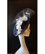 NAVY BLUE Hat FASCINATOR Wedding Mother of bride,Kentucky Derby,Royal As... - £81.78 GBP