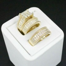 His Her 14K Yellow Gold Plated Lab Created Diamond Bridal Wedding Ring Trio Set - £120.14 GBP