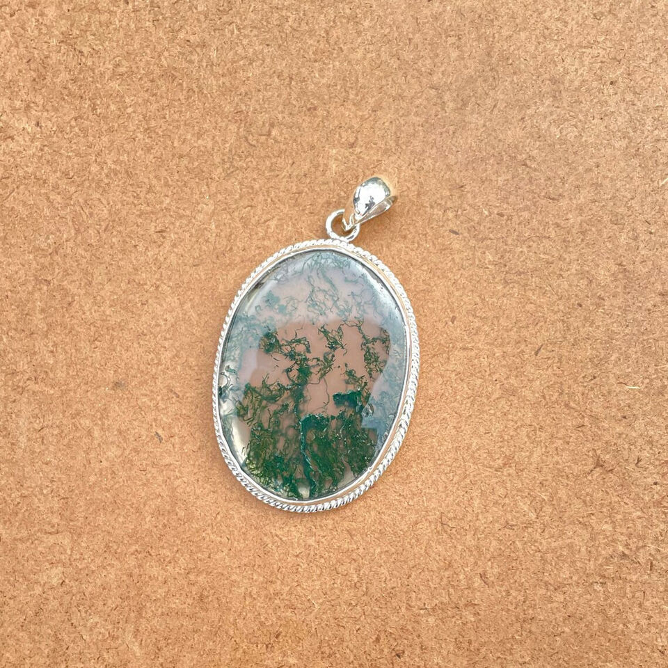 Primary image for AAA Quality Moss Agate Pendant Huge Oval Moss Agate 925 Silver Jewelry Gift