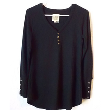 Chaser Black Waffle Knit Top Long Sleeves TShirt V-Neck Buttons Women size Small - £11.84 GBP