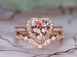 1.90Ct Heart Cut Peach Morganite &amp; Diamond Bridal Ring Set 14K White Gold Over - £68.00 GBP