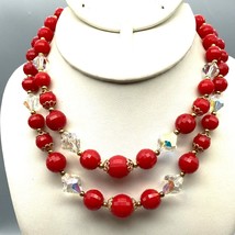 Vintage Lisner Red Beaded Choker, Double Strand Necklace with Clear AB Crystal - £30.09 GBP