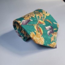 Land&#39;s End Silk tie turquoise yellow watercolor floral parsley men&#39;s tie vintage - £10.36 GBP