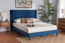 Eliana Navy Blue Velvet Fabric Dark Brown Queen Size Platform Bed - $5,361.83 MXN