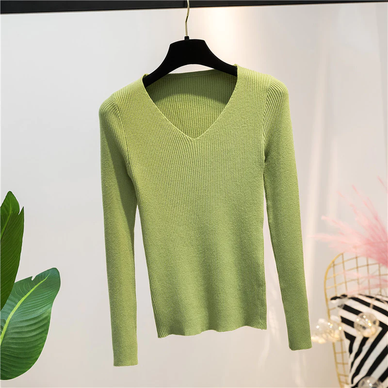Green Autumn And Winter V-neck Knitted Long-sleeved Slim - $35.60