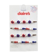 Claires Barrettes Beaded Bobby Pins Red White Blue Beads Flowers Set of 4 - $5.99