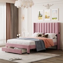 Full Size Storage Bed Velvet Upholstered Platform Bed with a Big Drawer - Pink - £202.18 GBP