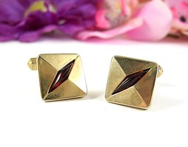 Swank RED EYE GLASS GEM CUFFLINKS Vintage Goldtone Metal Square Mens Cuf... - $17.81