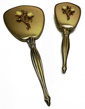 Vintage Gold tone Metal embellished Hair Brush &amp; Mirror with Floral Appl... - £11.76 GBP