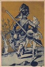 Victorian Trade Card Gold &amp; Blue Comical Man hunting Carrying Dog with Rabbit - £7.10 GBP