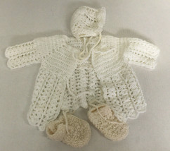 Vintage handmade crochet knit baby outfit sweater booties bonnet  - $19.75