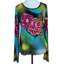 AZI Jeans Y2K Top Large Multicolor Mesh Sequin Beaded Sheer Long Sleeve Floral - £31.59 GBP
