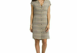 New Womens NWT PrAna M Buenos Dias Dress Buttons Cargo Green Brown Organic Strip - £110.93 GBP