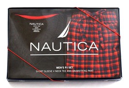 Nautica Black &amp; Red Short Sleeve V Neck &amp; Flannel Pants Sleep Set Men&#39;s ... - £51.12 GBP