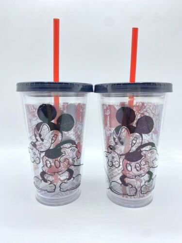 Primary image for (2) Disney Store Mickey Mouse Drawing Red/Black Angry Mickey Tumbler w/Red Straw