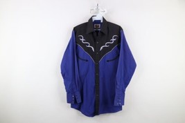 Vintage 90s Rockabilly Western Mens Small Faded Tribal Snap Button Shirt Blue - $59.35