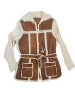 Vintage 70s Suede Knit Belted Cardigan Jacket Cream Brown Boho Western S... - $144.95