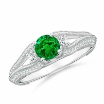 ANGARA Vintage Inspired Round Emerald &amp; Diamond Three Stone Ring - £2,207.66 GBP