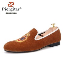 Turkey Crown Embroidery Brown Color Men Velvet Shoes Handmade Men&#39;s  Loafer Slip - £157.76 GBP