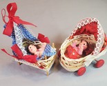 Wood Baby in Wicker Bassinet Christmas Ornaments Set of 2 Vintage Made i... - $15.79