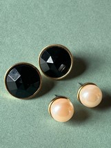 Vintage Lot of Faux Cream Pearl &amp; Black Faceted Round Cab Goldtone Post Earrings - £9.02 GBP