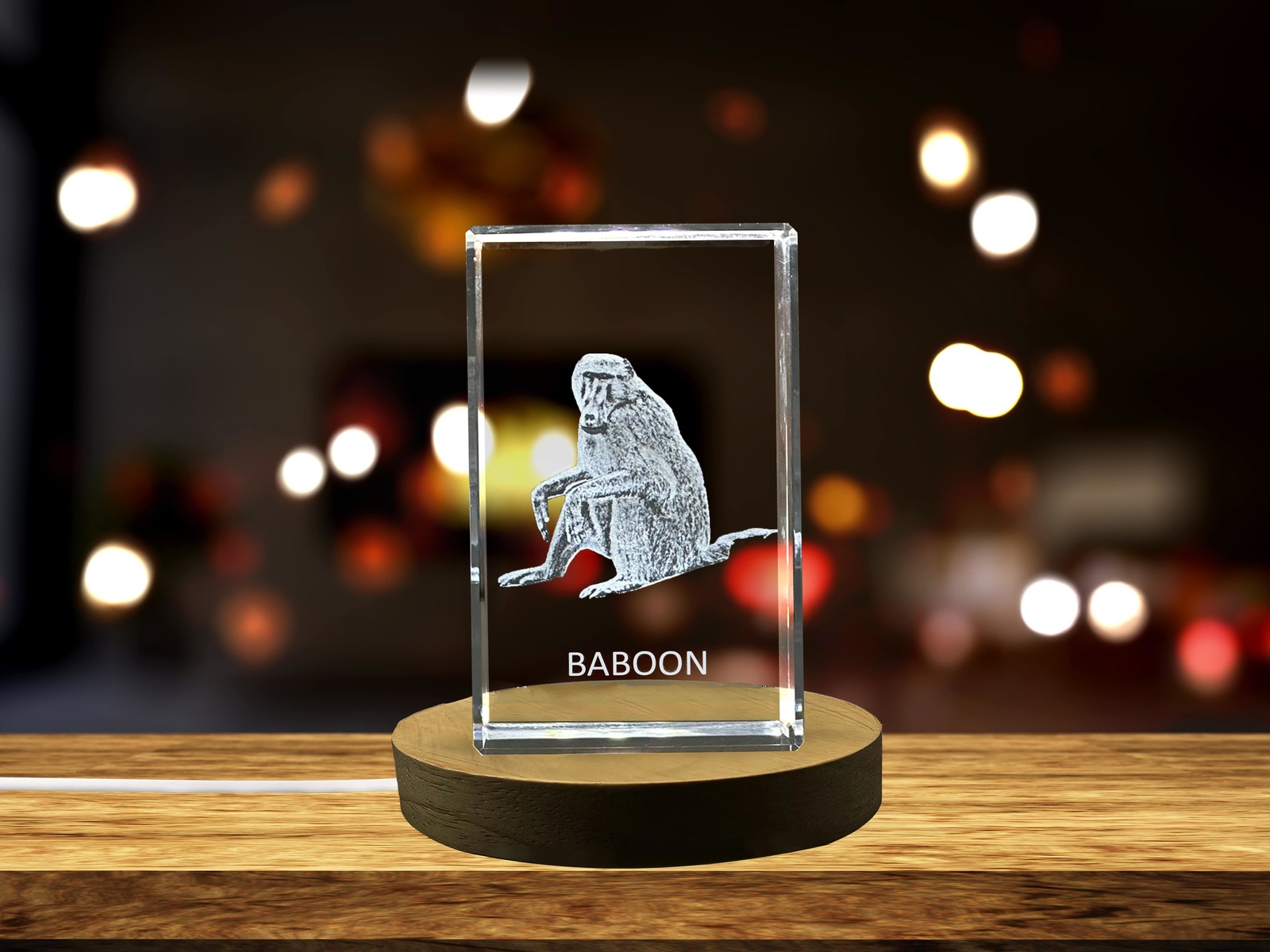 LED Base included | Unique 3D Engraved Crystal with Baboon Design - Perfect Gift