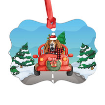 Funny Basset Hound Dog Riding Red Truck Winter Aluminum Ornament Christmas Gift - £13.41 GBP