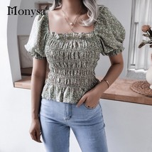 Womens Tops and Blouses 2021 Summer Puff Short Sleeve  Print Blouse Ladies Squar - £41.42 GBP