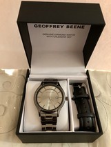 Geoffrey Beene Gunmetal Diamond Mens Watch Set With Extra Leather Band - £62.10 GBP