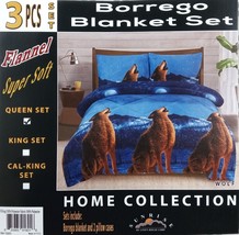 New 3 Pc Super Soft Flannel FULL/QUEEN Size Borrego BLANKET/COMFORTER Set Wolves - £39.22 GBP