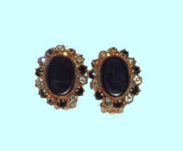 Vtg Gold Tone Black Oval Halo Rhinestone Clip Earrings Womens Costume Je... - £6.99 GBP