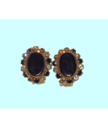 Vtg Gold Tone Black Oval Halo Rhinestone Clip Earrings Womens Costume Je... - £7.00 GBP