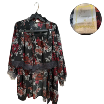 Papna Lounge Women’s Floral Robe &amp; Shorts Set XL Black Red Lace Trim - $33.46 CAD