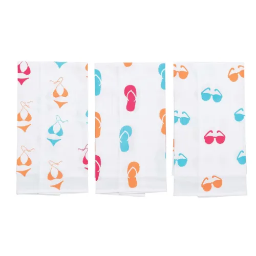 New Flip Flop Printed Cotton Flour Sack Kitchen Towel Set Of 3 18&quot; X 27&quot; C&amp;F Hom - £25.78 GBP