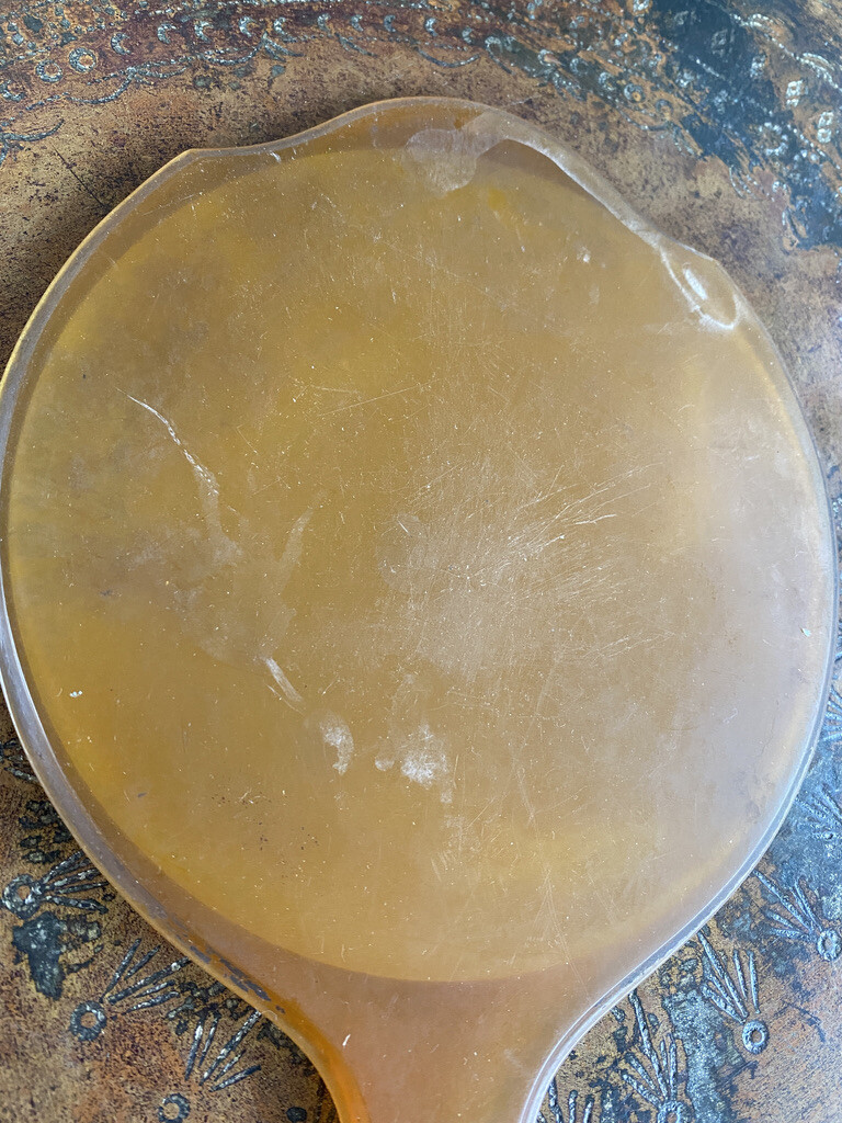 Vintage Butterscotch Bakelite? Hand Mirror Beveled Glass Vanity 10.5" Round  Item image 2
