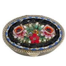 Vintage Italian 2&quot; Oval Micro Mosaic Hinged Lid Pill /Trinket Box Floral Roses - £38.88 GBP
