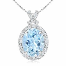 ANGARA 10x8MM Natural Aquamarine Pendant Necklace with Diamond Halo in 14K Gold - £1,307.68 GBP