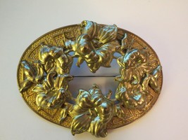 Antique Sash Pin Repousse Flowers Art Nouveau Brooch Huge 3.75&quot; Gold Ton... - £67.78 GBP