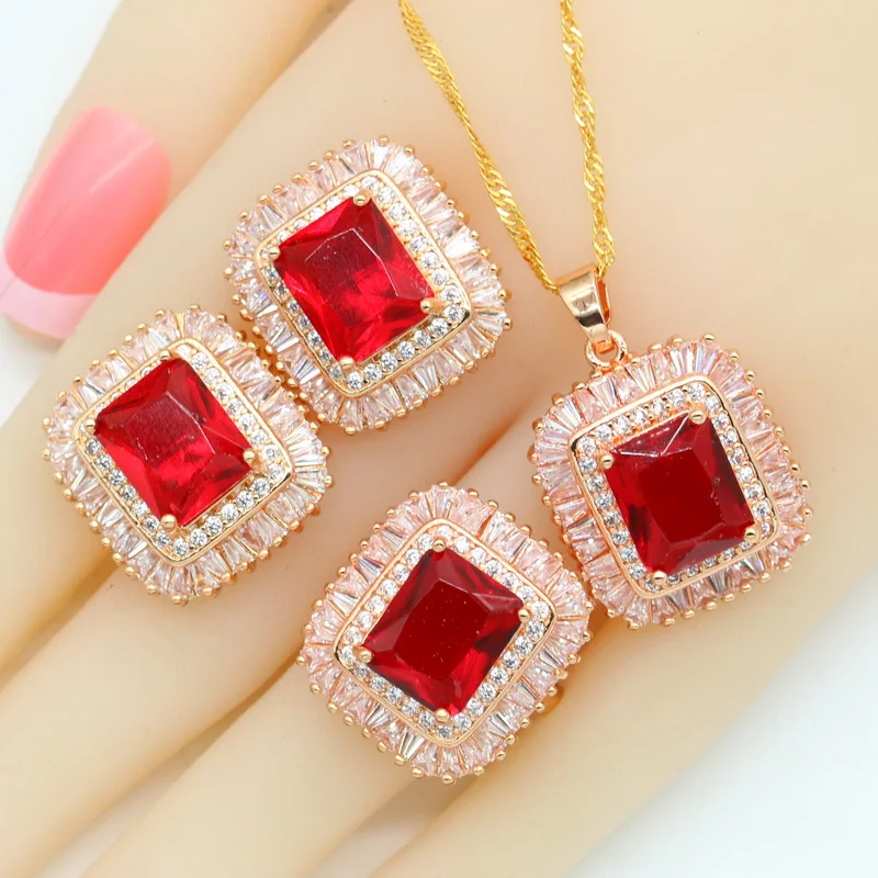 Red White Stones GolWedding Jewelry Sets For Women Necklace Pendant Earrings Rin - £22.87 GBP