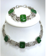 Vintage Green Engraved Roman Soldier Intaglio Necklace Bracelet Set - $118.75