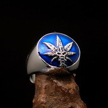 Men&#39;s Ring Cannabis Leaf Marihuana blue Medical Weed Symbol - Sterling Silver - £58.47 GBP
