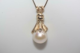 14K Yellow Gold 9mm Ivory Cultured Pearl Pendant Thin Box Chain Necklace 18&quot; Lg - £198.06 GBP