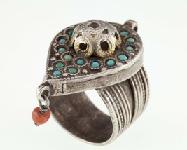 Silver Afghan Plaque Ring with Seed Turquoise Accents and Dangling Coral Beads - £1,393.24 GBP