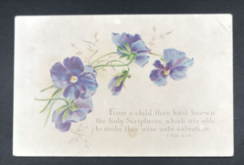 1880s Victorian Trade Card Christian Bible Verse 2 Timothy 3:15 w/ Blue Flowers - £11.00 GBP