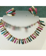 Vintage fringe bead necklace with clip on earrings bright colors  jewelr... - $19.75