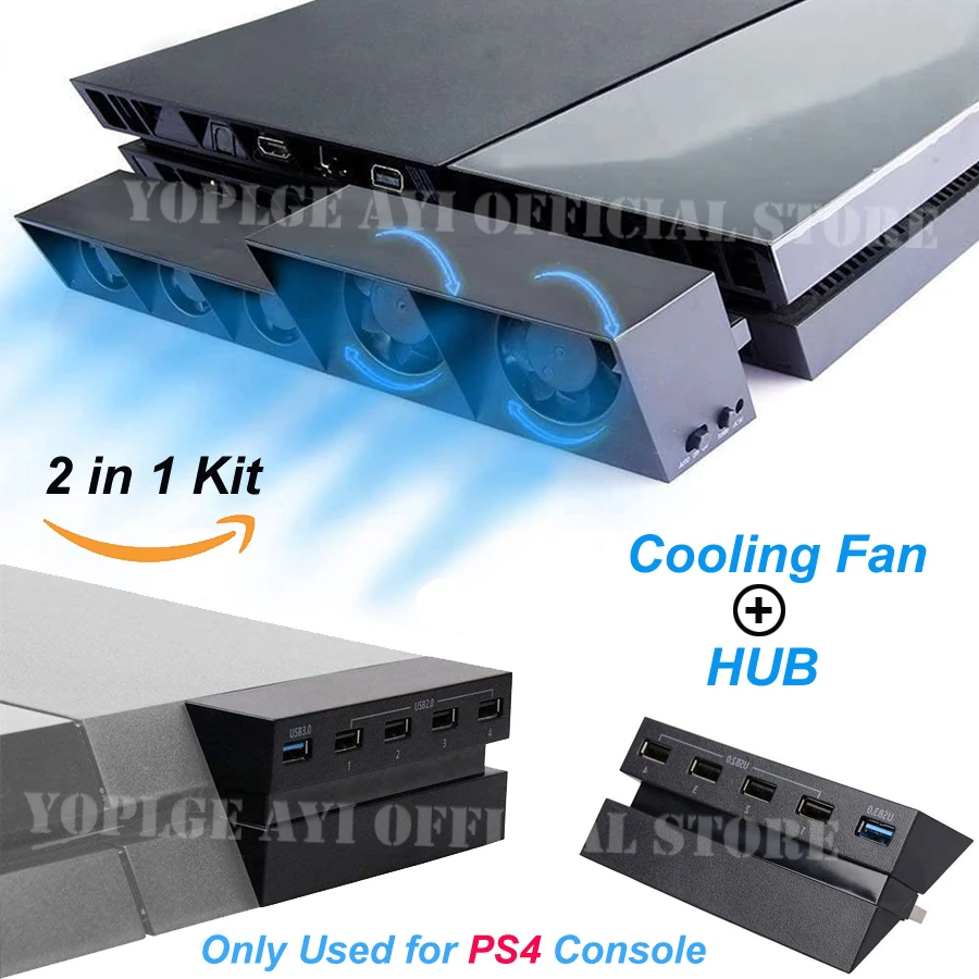 2 in 1 Kit PS4 Fast Cooling Fan 5 Cooler Fans + HUB USB 3.0 / 2.0 for Sony - £10.74 GBP+