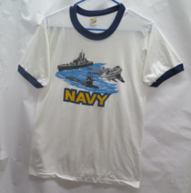 Vtg 80s US Navy USN Ringer Tee Men&#39;s S M Screen Stars T Shirt White Thin... - £28.46 GBP