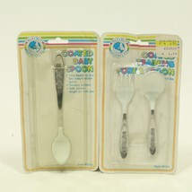 Vtg 1980s Baby World Coated Fork &amp; Spoon Easy Grip Baby Toddler Self Fee... - £10.11 GBP