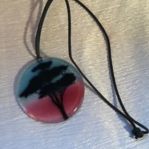 Estate Black Cord with Large Pink &amp; Blue With Black Tree Shadow Fused Art Glass  - £18.40 GBP